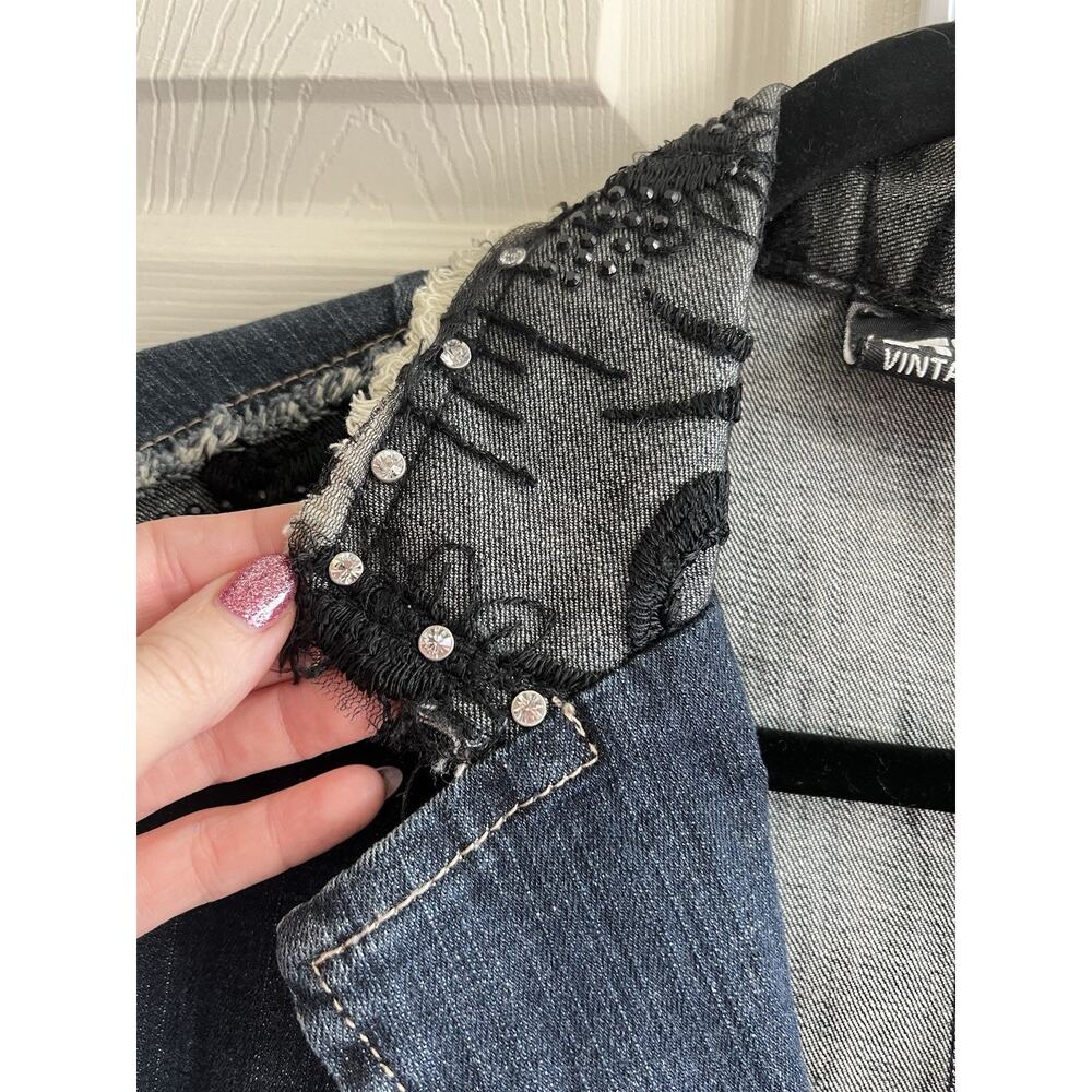 ETHYL Vintage Y2K Blk Net Embroidered Rhinestone Fitted Denim Jean Jacket Sz M - Picture 5 of 12